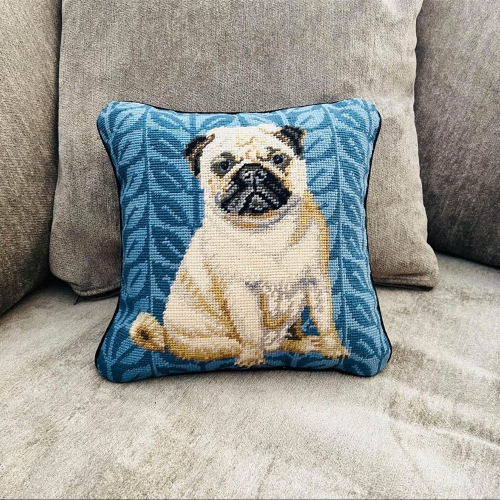 Pug Design Cross Stitch Pillow 12”x12”. - Picture 2 of 4